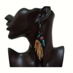 Bohemian  Beaded Tassel Earrings,Black Rice Beads & White K Golden-Plated Copper Hook